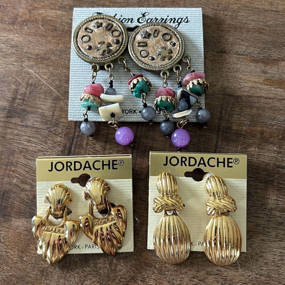 Lot NEW Old Stock Y2K Jordache vintage clip earrings gold tone dangle